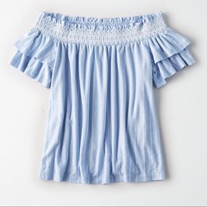 Ae Soft and Sexy Smocked Off the Shoulder T-shirt